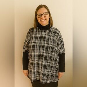 Lane Bryant Plus Cowl Neck Sweater Womens 14/16 Black White Plaid Tunic XXL